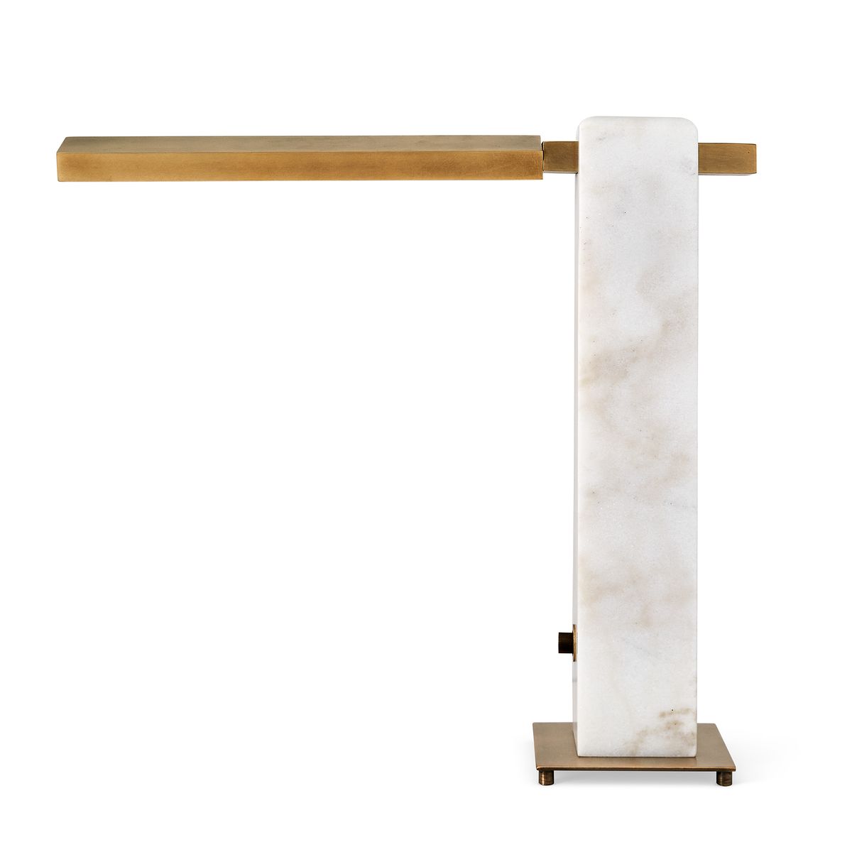Modern table lamp with honed white marble base, antique brass arm, and pivoting LED light—sculptural and dimmable for desks, bedsides, or living spaces.