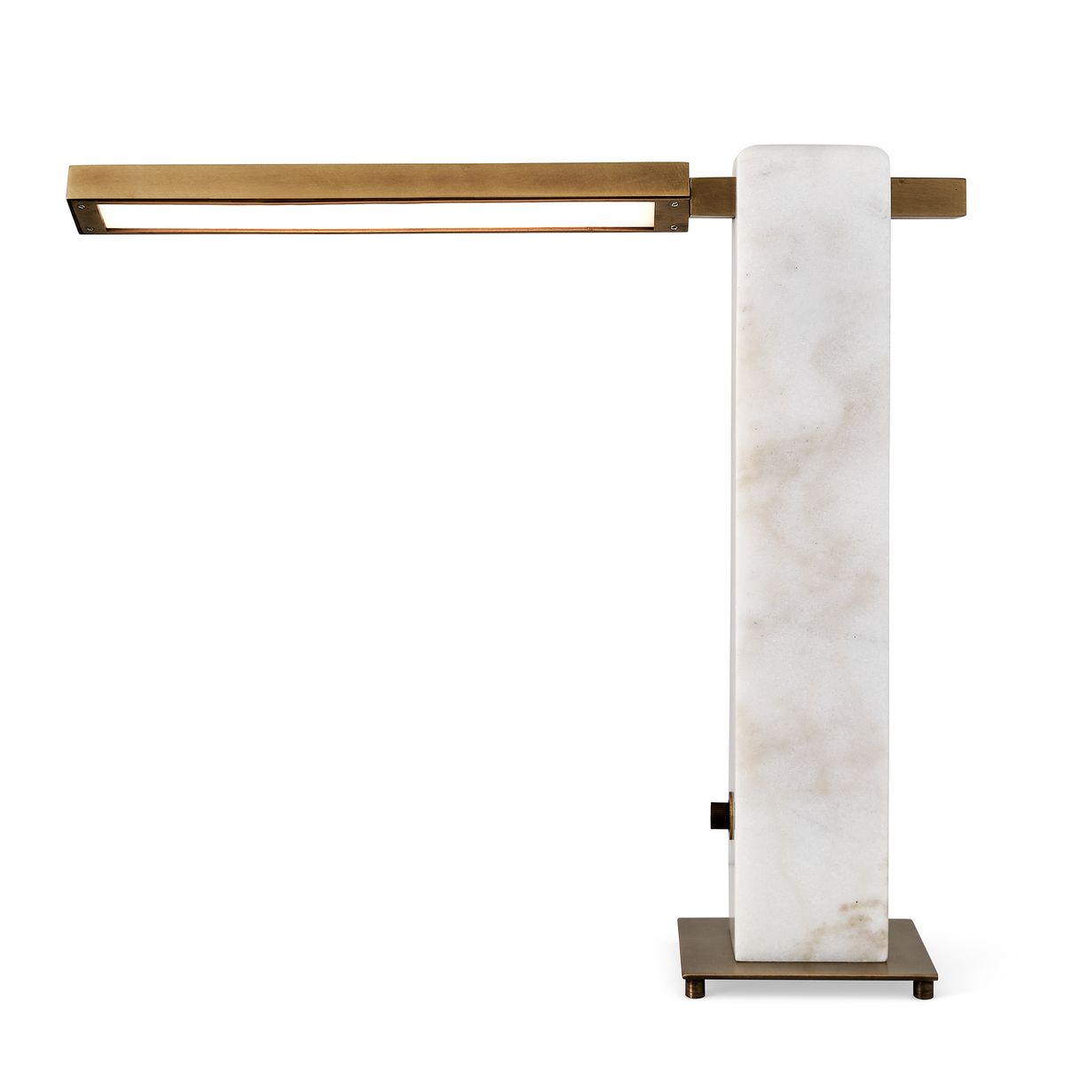 Modern table lamp with honed white marble base, antique brass arm, and pivoting LED light—sculptural and dimmable for desks, bedsides, or living spaces.