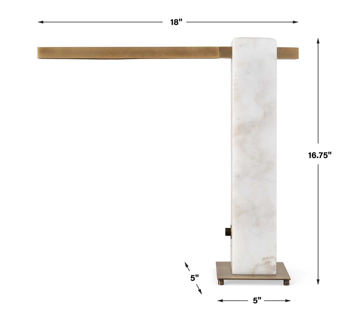 Modern table lamp with honed white marble base, antique brass arm, and pivoting LED light—sculptural and dimmable for desks, bedsides, or living spaces.