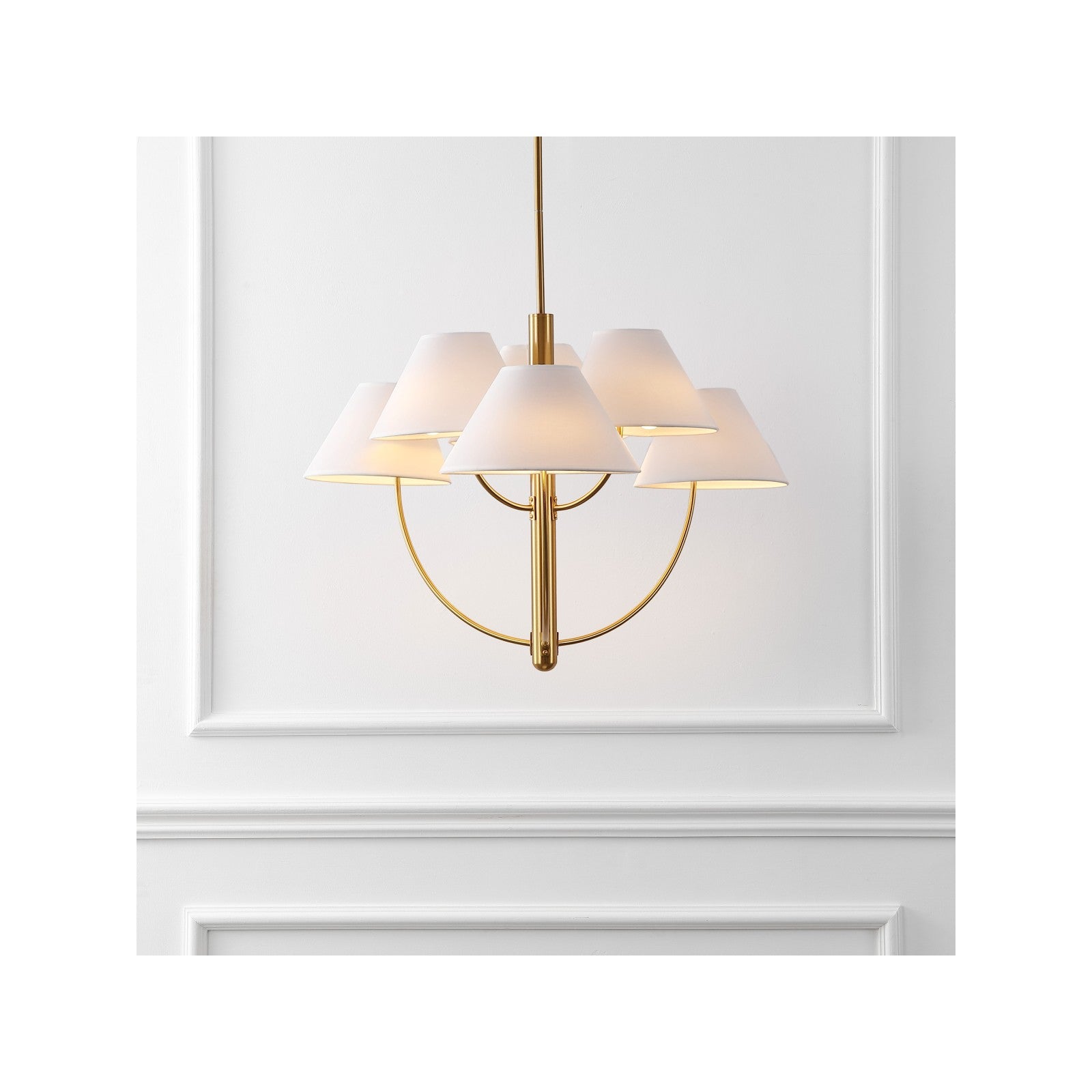 Bellcourt Brass Chandelier scale view — 32 inch six-light brass chandelier, by Rachel Blindauer