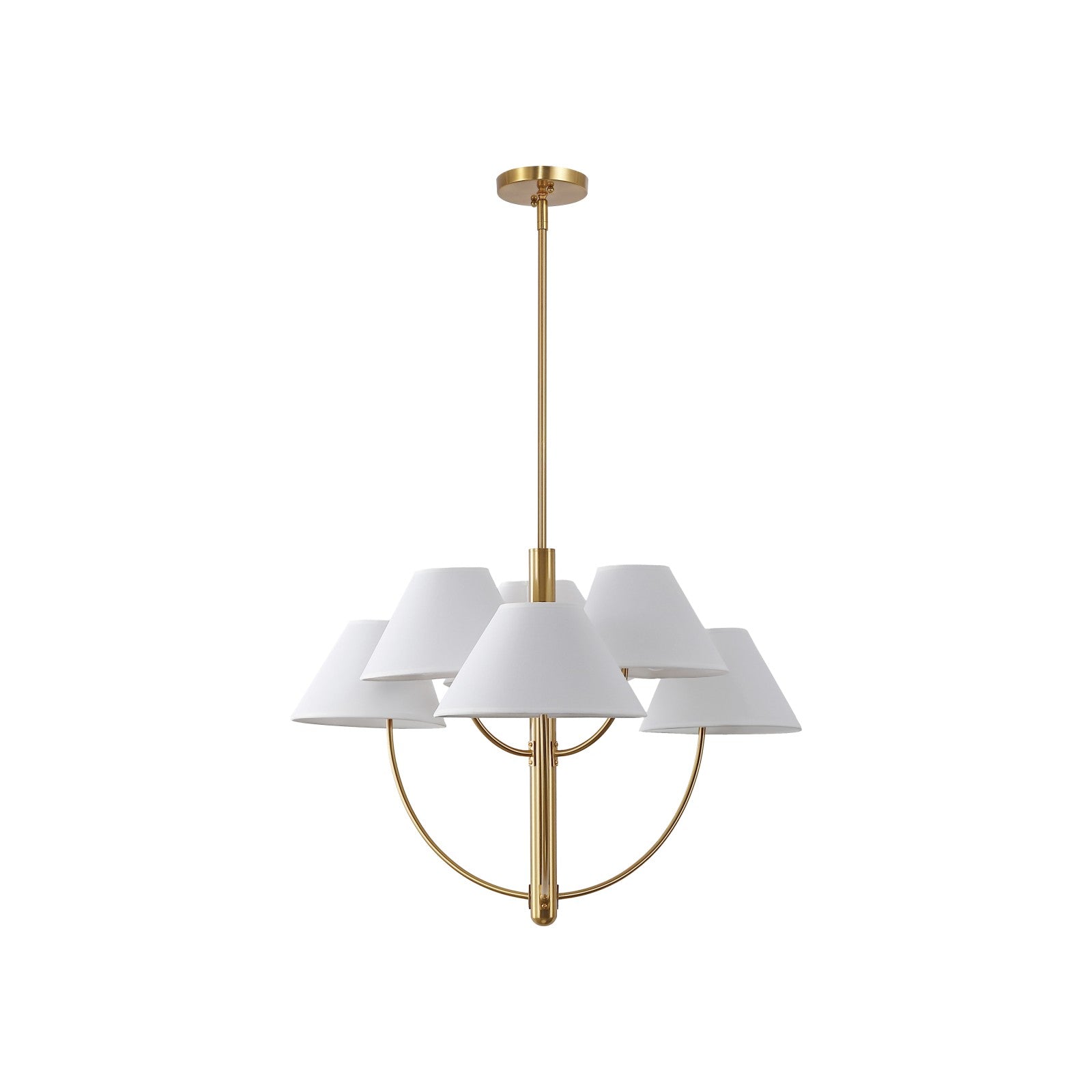 Bellcourt Brass Chandelier — six-light warm brass fixture with cotton cone shades, dining room lighting by Rachel Blindauer