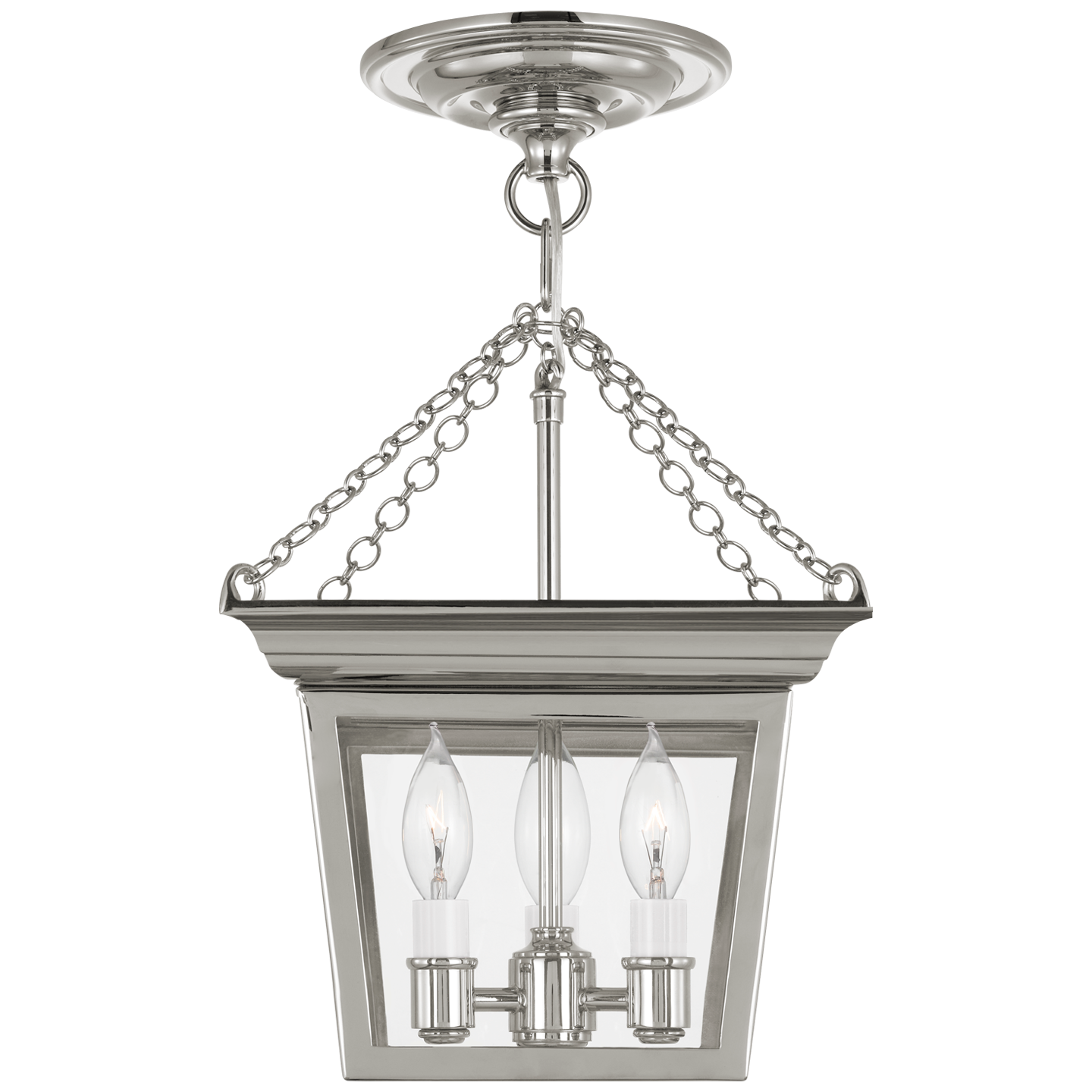 Neoclassical semi-flush lantern with antique brass finish, vertical lines, and candelabra-style bulbs for elegant ceiling illumination.