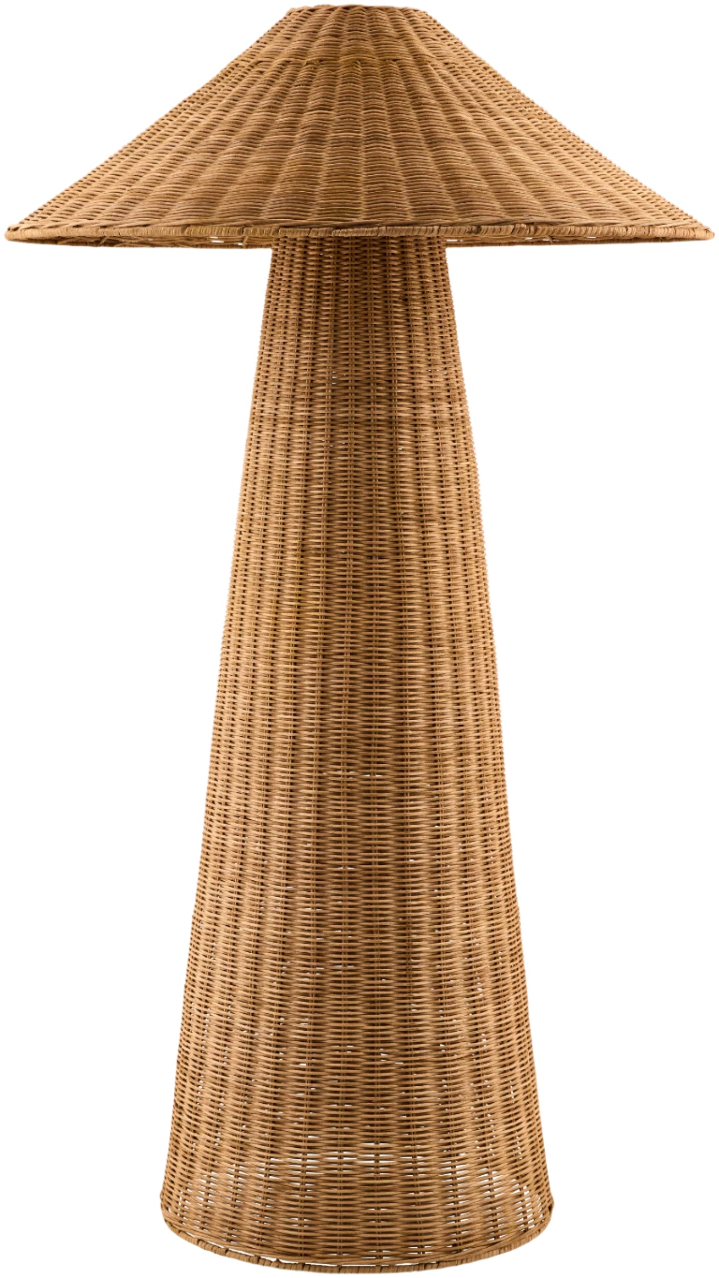 Natural rattan floor lamp with dome-shaped woven shade and curved base in warm wheat finish