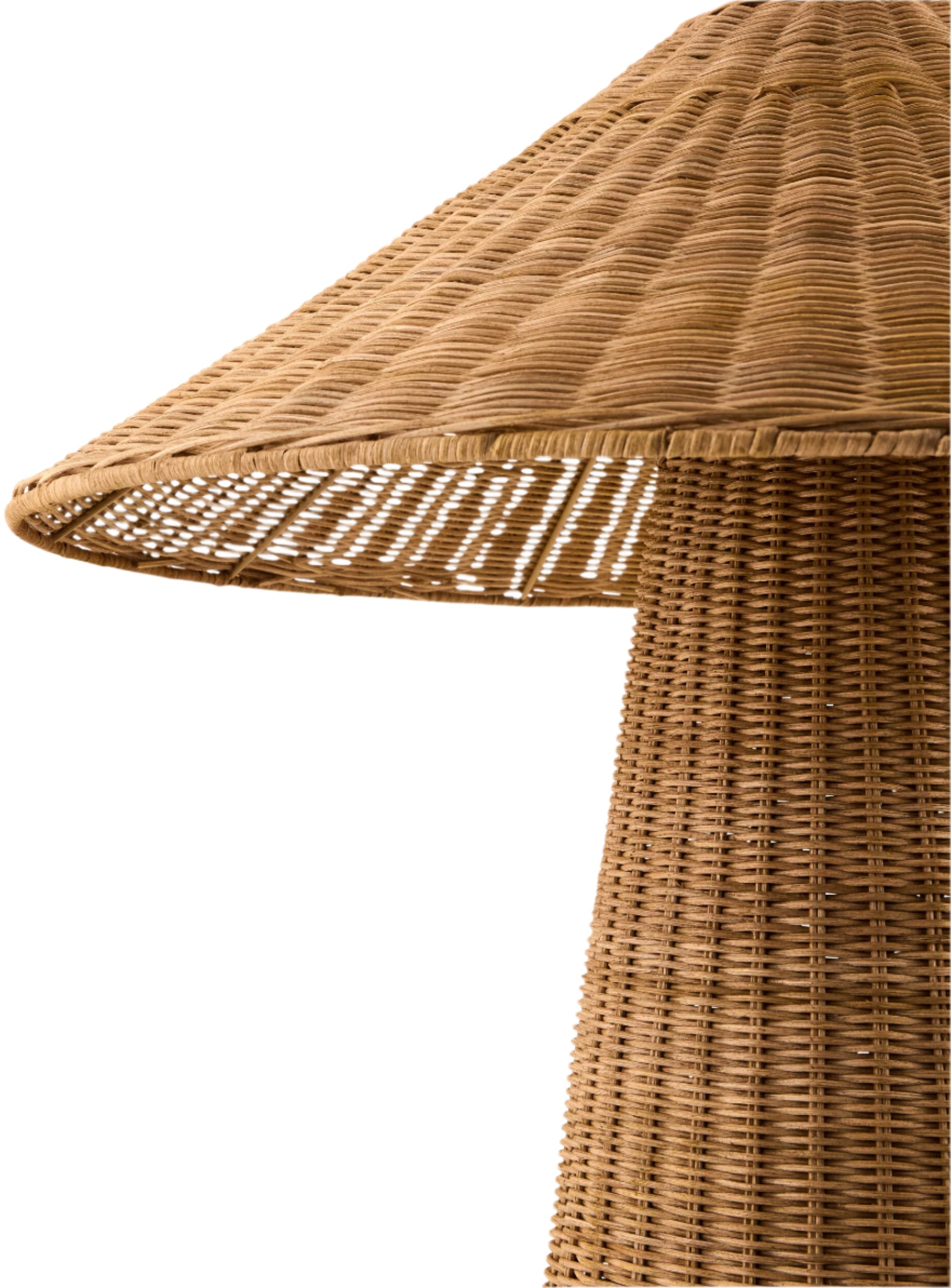 Natural rattan floor lamp with dome-shaped woven shade and curved base in warm wheat finish