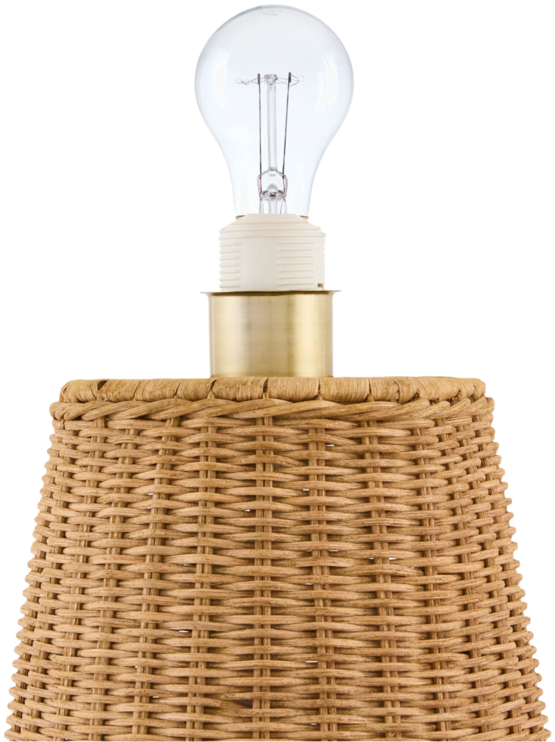 Natural rattan floor lamp with dome-shaped woven shade and curved base in warm wheat finish