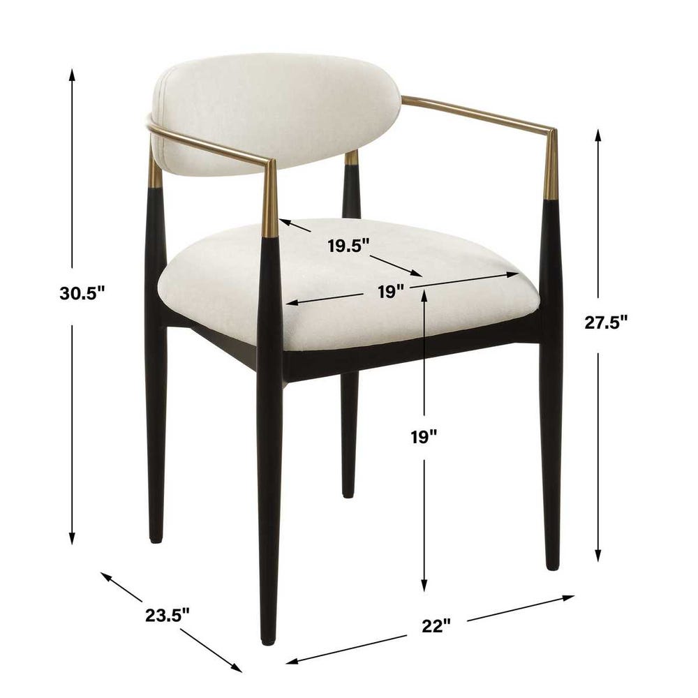 White upholstered chair with gold accents and dimensions labeled on a white background