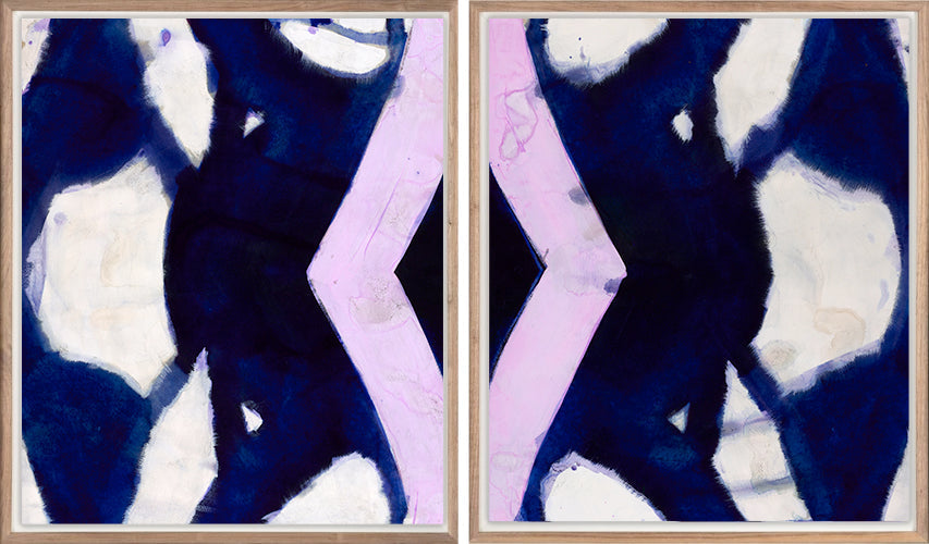 Framed two-panel abstract diptych in cobalt blue