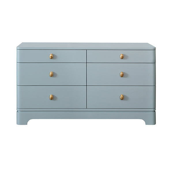Light blue lacquered six-drawer chest with rounded corners and polished brass beetle knobs, ideal for modern, palm springs or mid-century inspired interiors.
