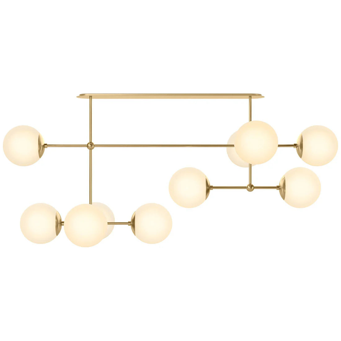 Modern linear chandelier with hand-blown glass globes and sculptural brass rods, ideal for dining rooms, islands, or dramatic entryways.