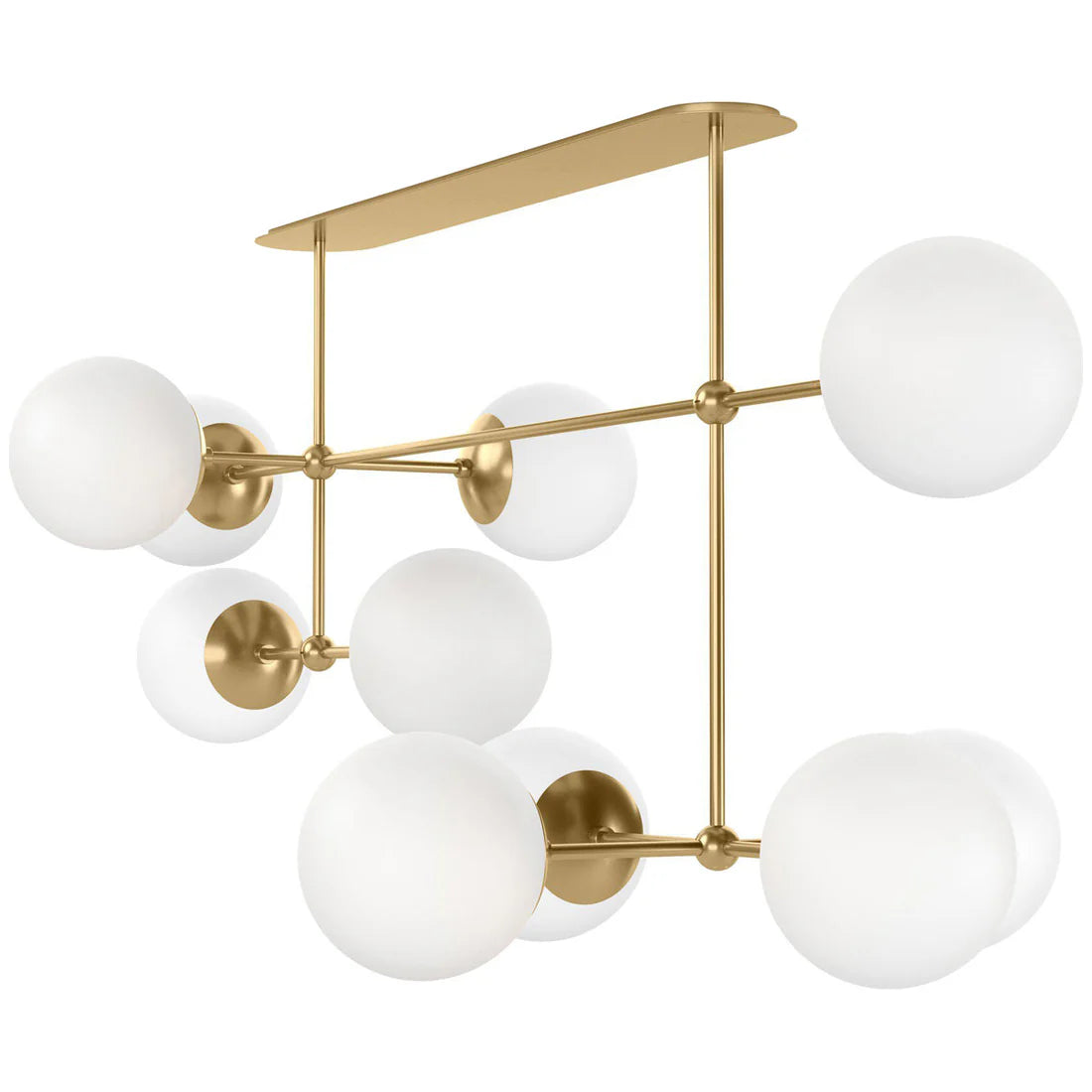 Modern linear chandelier with hand-blown glass globes and sculptural brass rods, ideal for dining rooms, islands, or dramatic entryways.