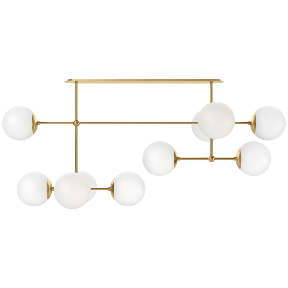 Modern linear chandelier with hand-blown glass globes and sculptural brass rods, ideal for dining rooms, islands, or dramatic entryways.
