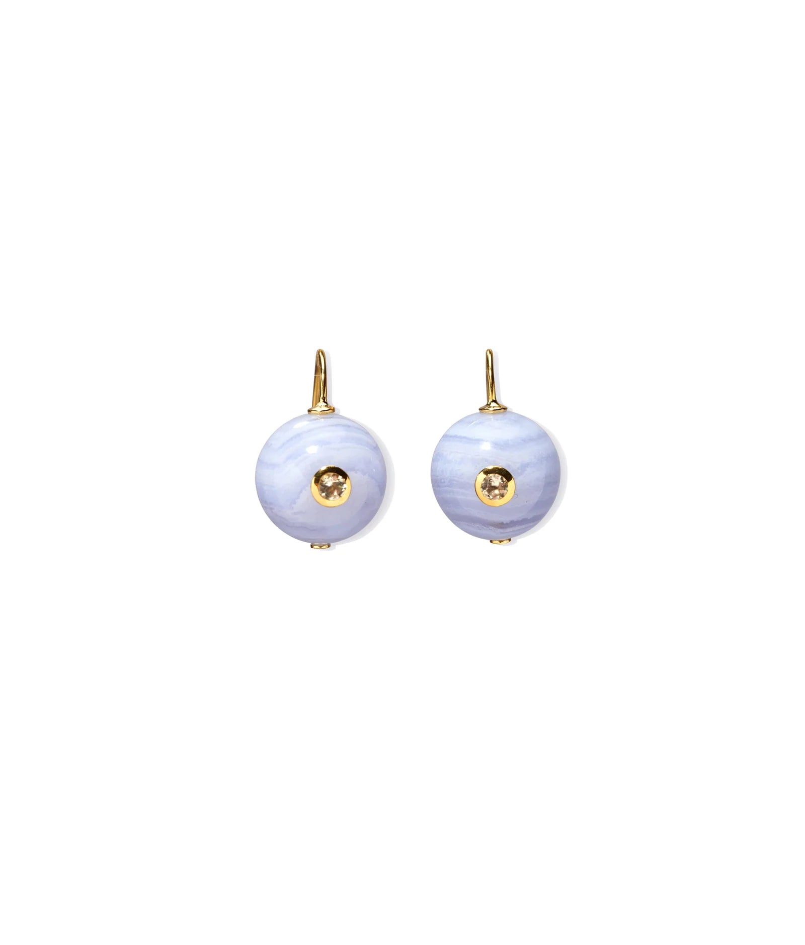 Gold-fill drop earrings with semiprecious blue agate and inlaid lemon quartz gemstones