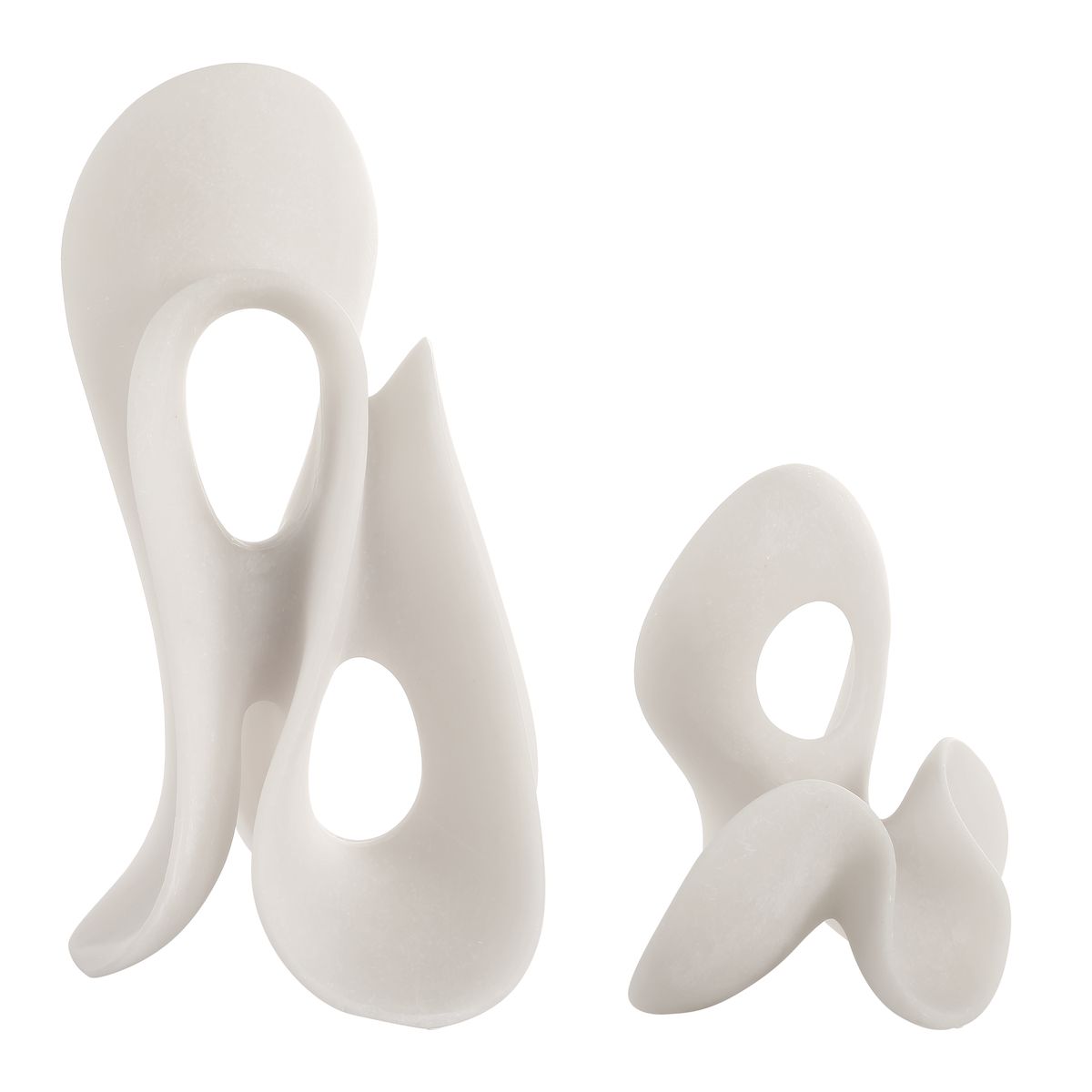 Set of two white matte sculptural decor pieces with curved, hollowed shapes inspired by Thassos marble – Contour Forms by Rachel Blindauer