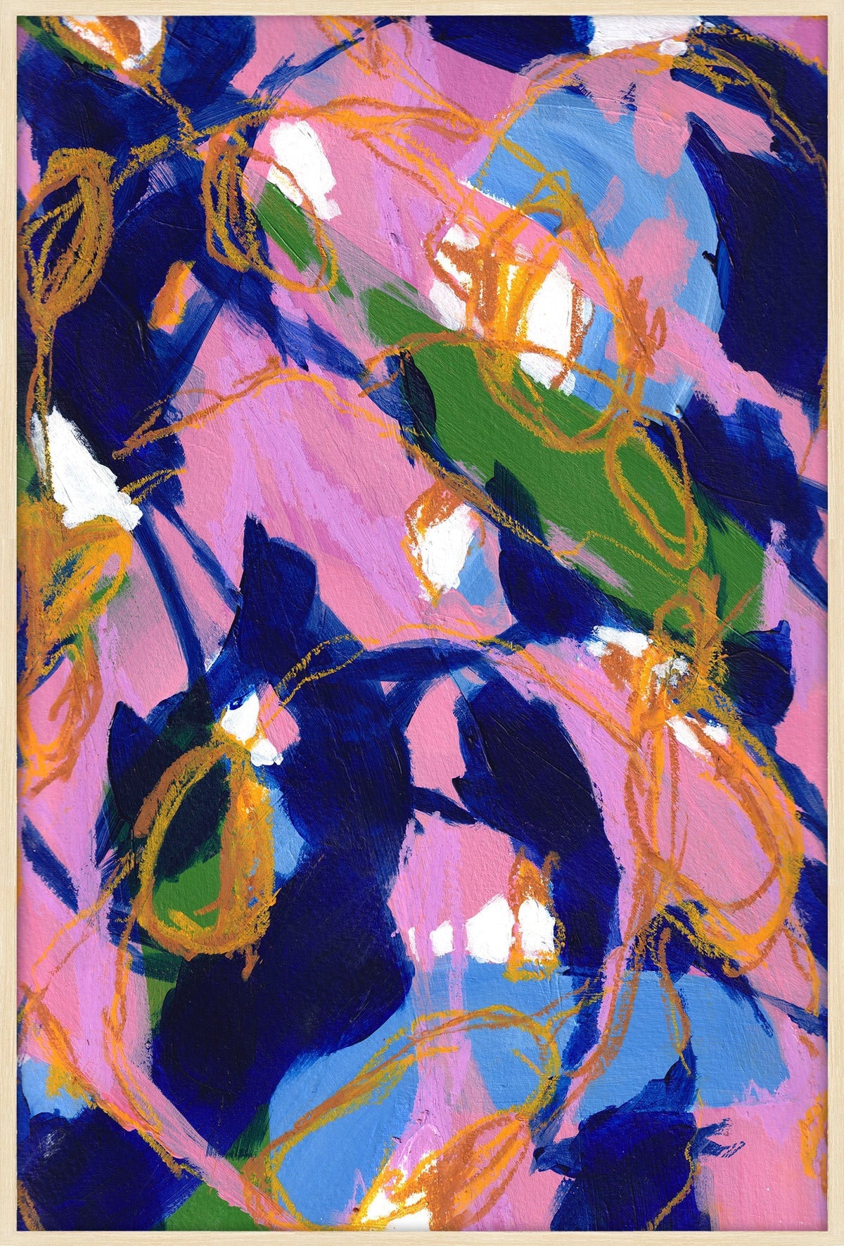 Indigo Bloom abstract painting, framed