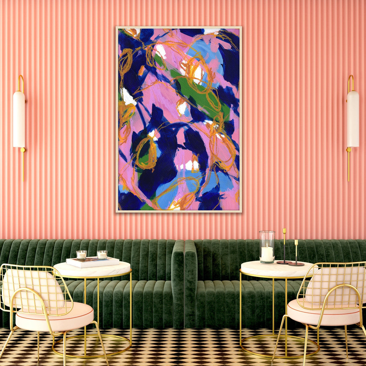 Indigo Bloom abstract painting in room setting