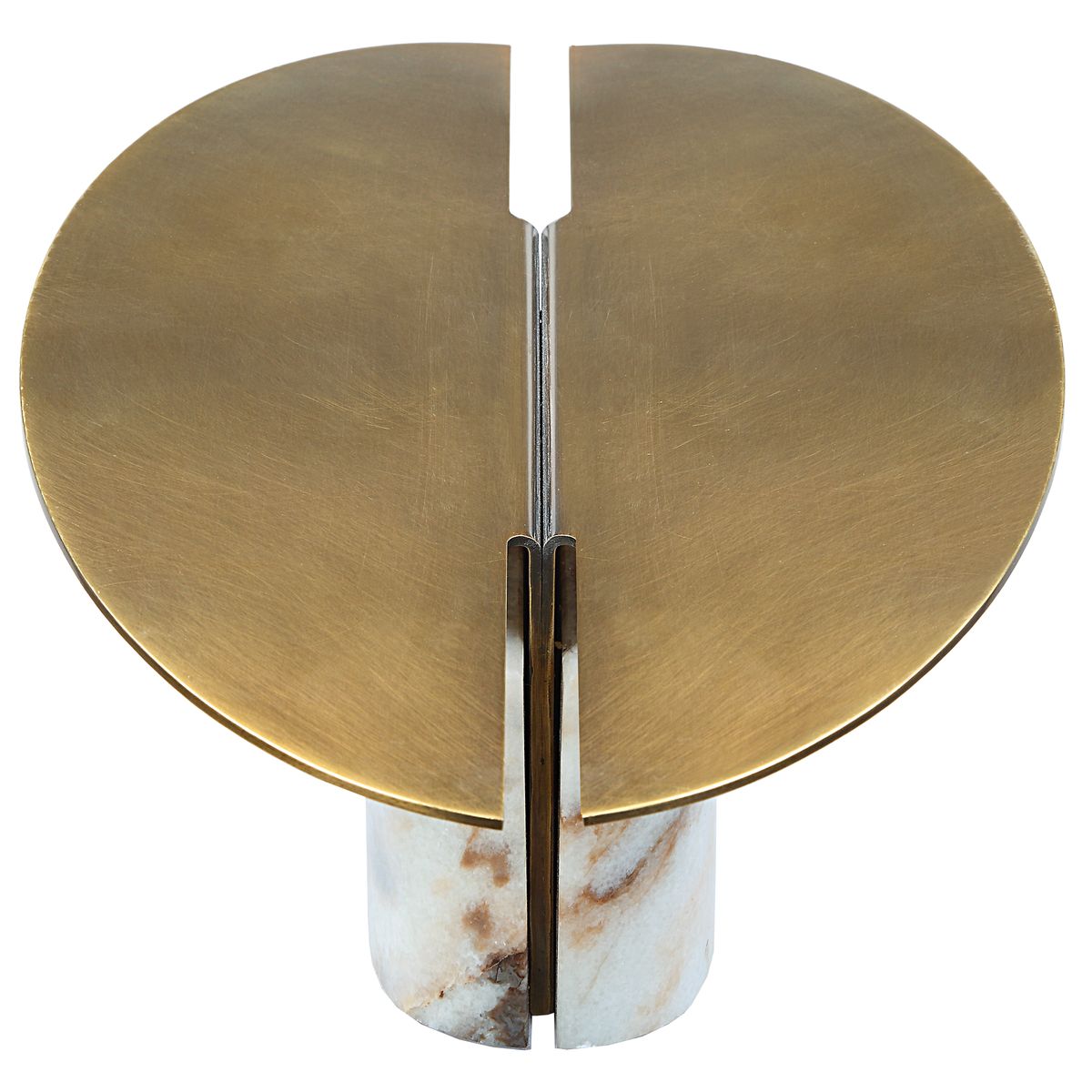 Eclipse Plinth Vessel with twin brass arcs and honed marble base, styled as a sculptural modern centerpiece on a console.