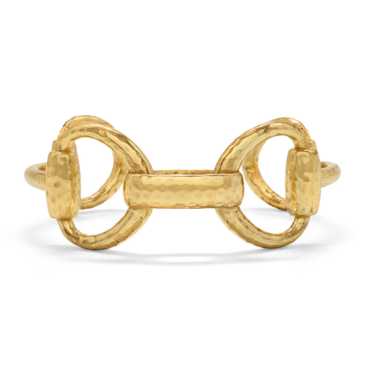 Gold equestrian snaffle bit cuff bracelet with oversized sculptural links, handmade in India, styled for effortless elegance.