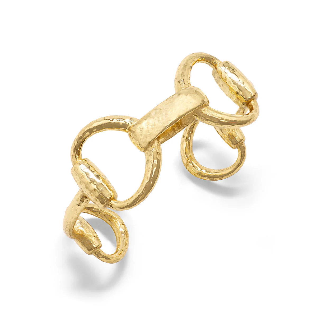Gold equestrian snaffle bit cuff bracelet with oversized sculptural links, handmade in India, styled for effortless elegance.