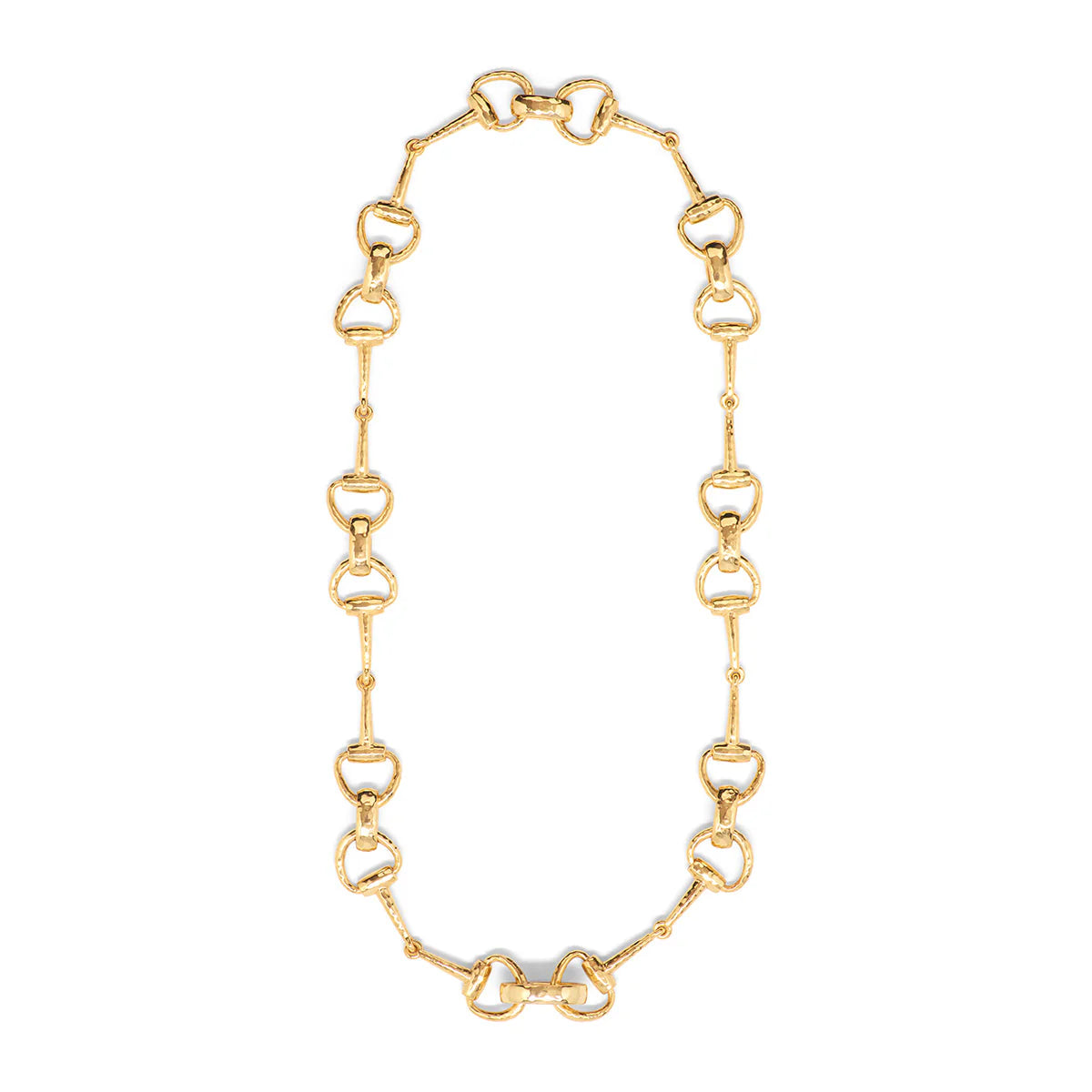 Gold-plated equestrian-inspired collar necklace with interlocking snaffle bit links, handcrafted and rich in heritage symbolism.