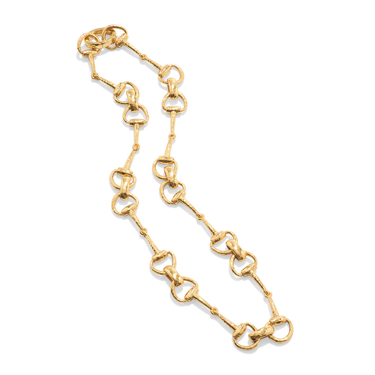 Gold-plated equestrian-inspired collar necklace with interlocking snaffle bit links, handcrafted and rich in heritage symbolism.