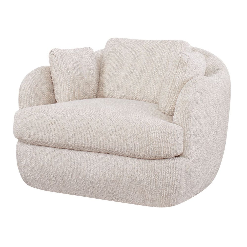 Modern swivel lounge chair upholstered in soft chenille with wide seat, scooped arms, and a rounded silhouette, styled for cozy, quiet luxury.