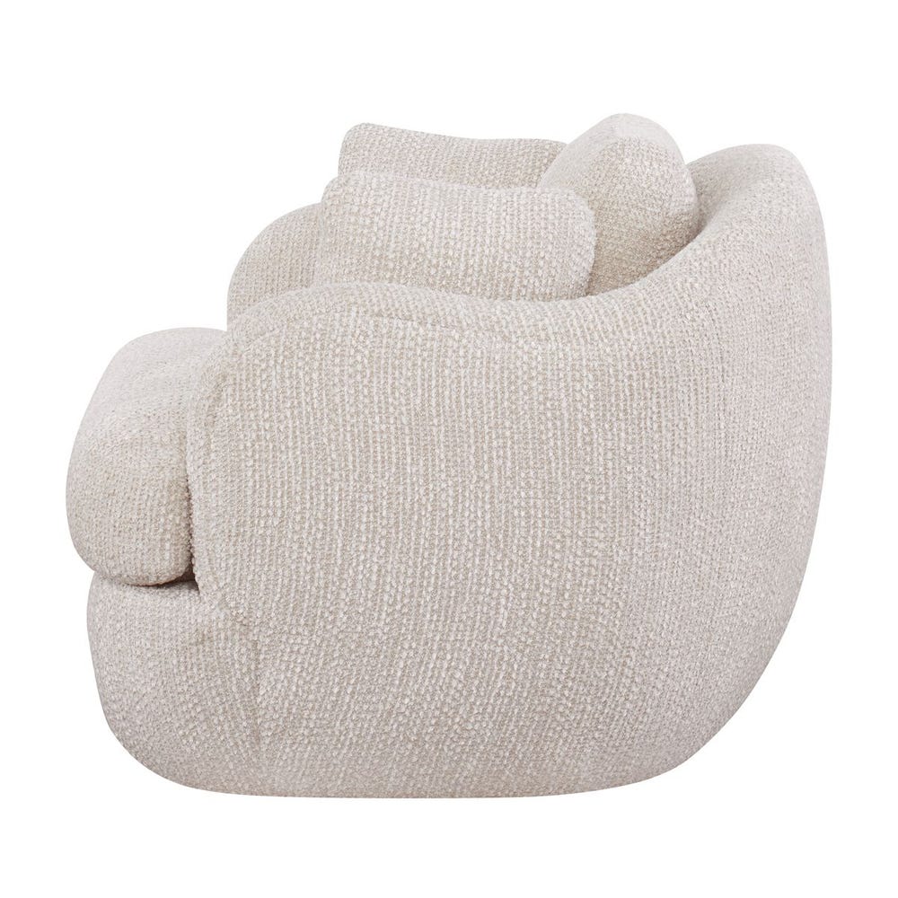 Modern swivel lounge chair upholstered in soft chenille with wide seat, scooped arms, and a rounded silhouette, styled for cozy, quiet luxury.