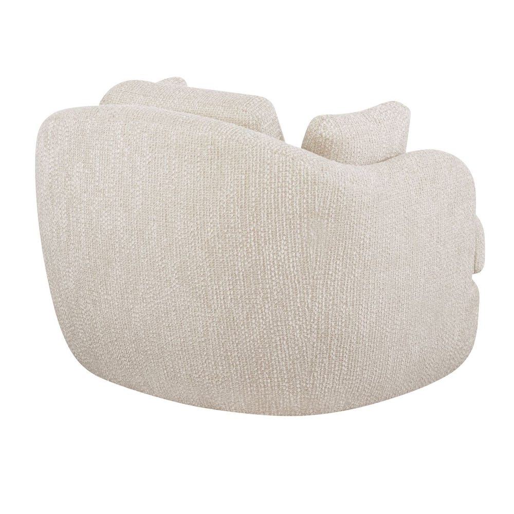Modern swivel lounge chair upholstered in soft chenille with wide seat, scooped arms, and a rounded silhouette, styled for cozy, quiet luxury.