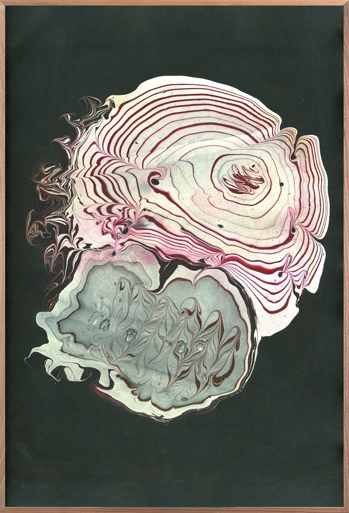 Vertical abstract ink-marbled painting in cobalt, indigo, and black