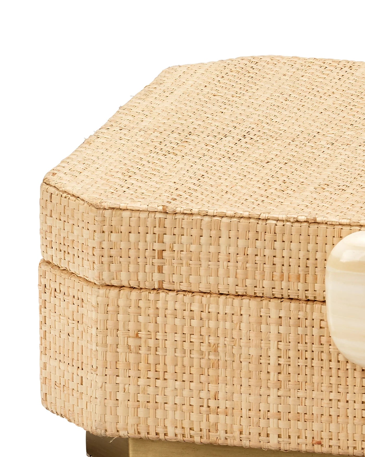 Handwoven raffia box with ox bone trim and ultrasuede-lined interior for elegant storage