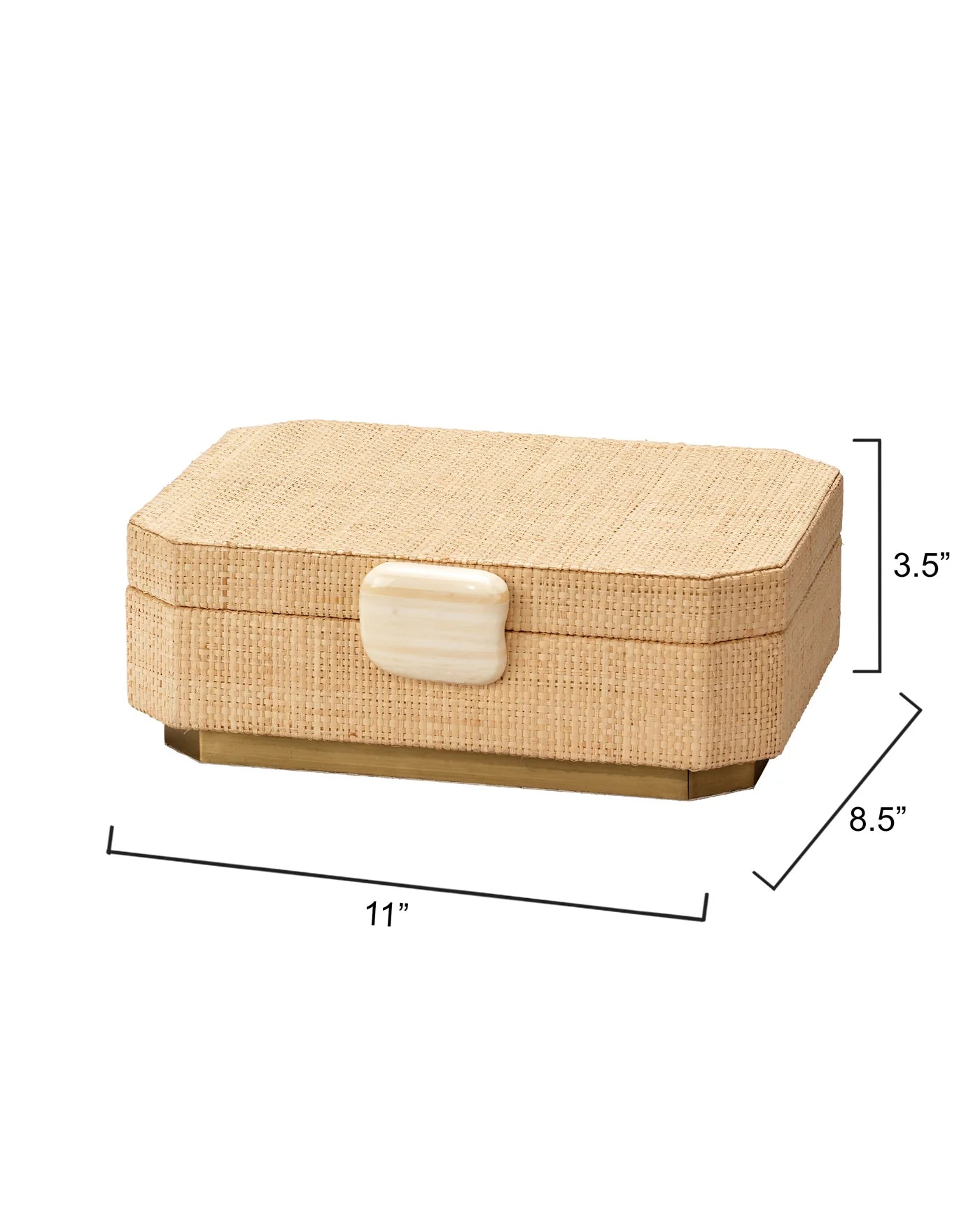 Handwoven raffia box with ox bone trim and ultrasuede-lined interior for elegant storage
