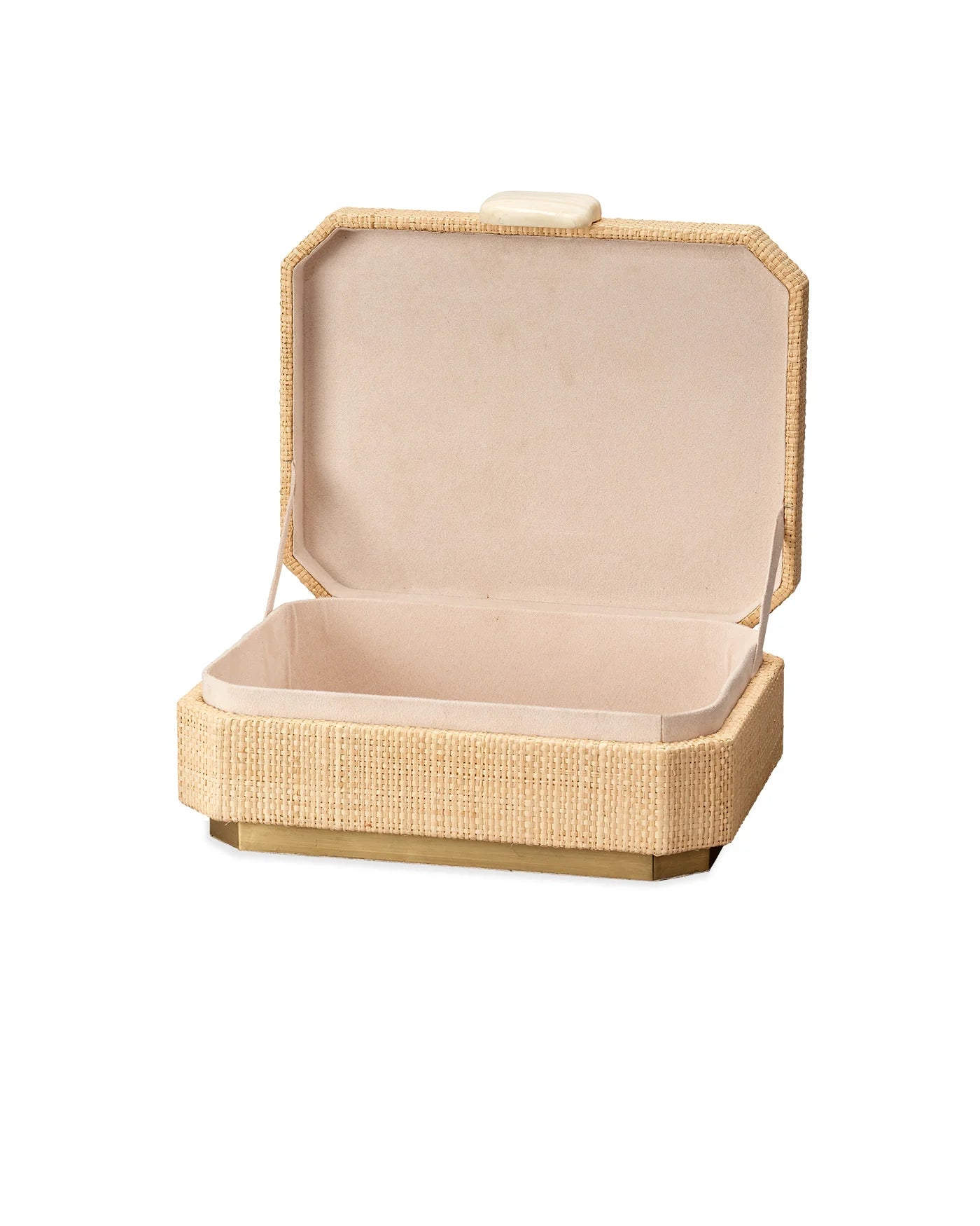 Handwoven raffia box with ox bone trim and ultrasuede-lined interior for elegant storage