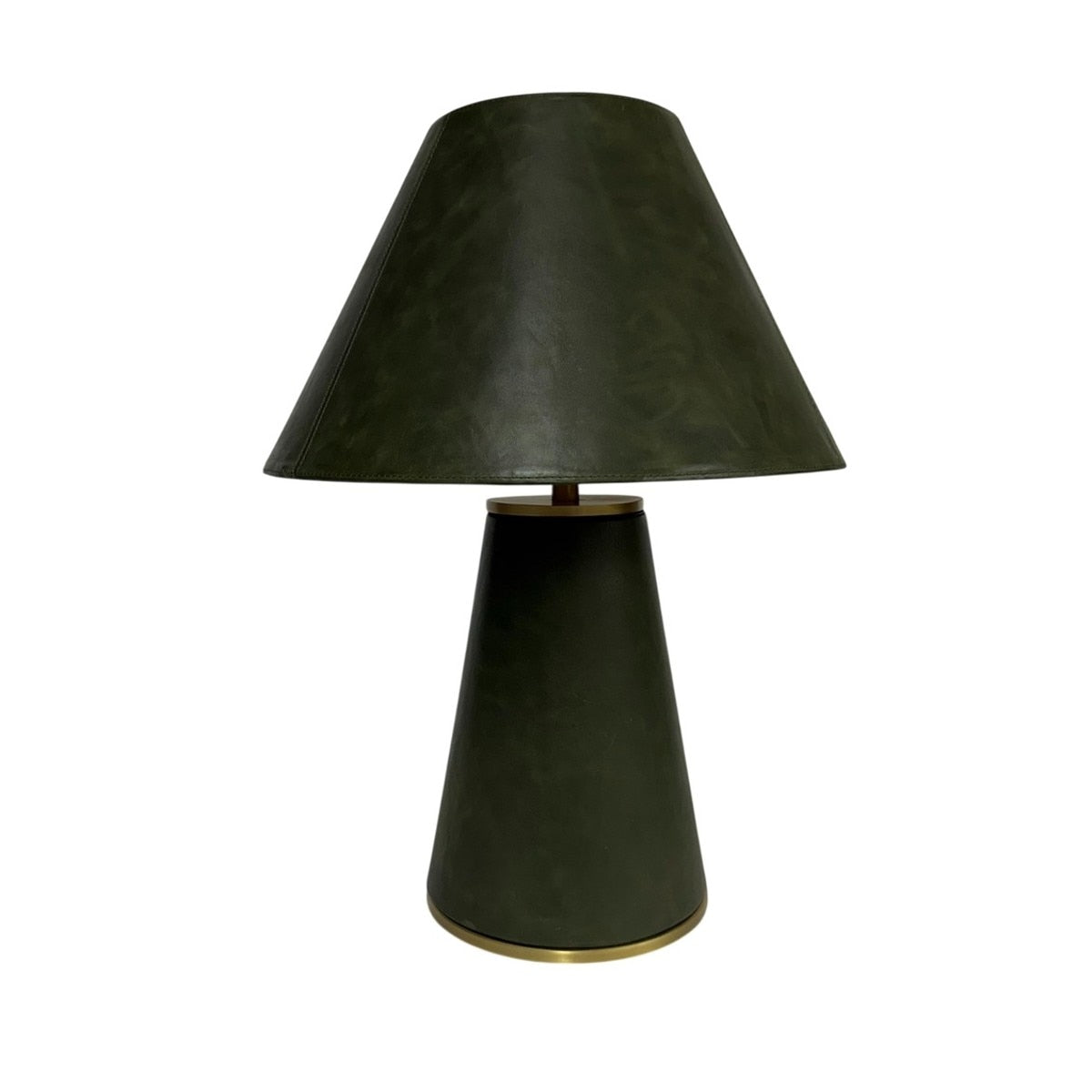 Juniper Leather Table Lamp — green wrapped leather column lamp with matching leather shade, statement lighting by Rachel Blindauer