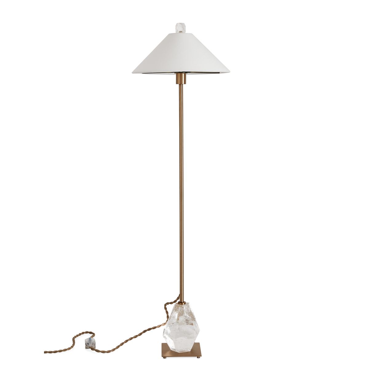 Tall buffet lamp with faceted quartz-inspired brass base and white linen drum shade, ideal for dining rooms, consoles, and sideboards