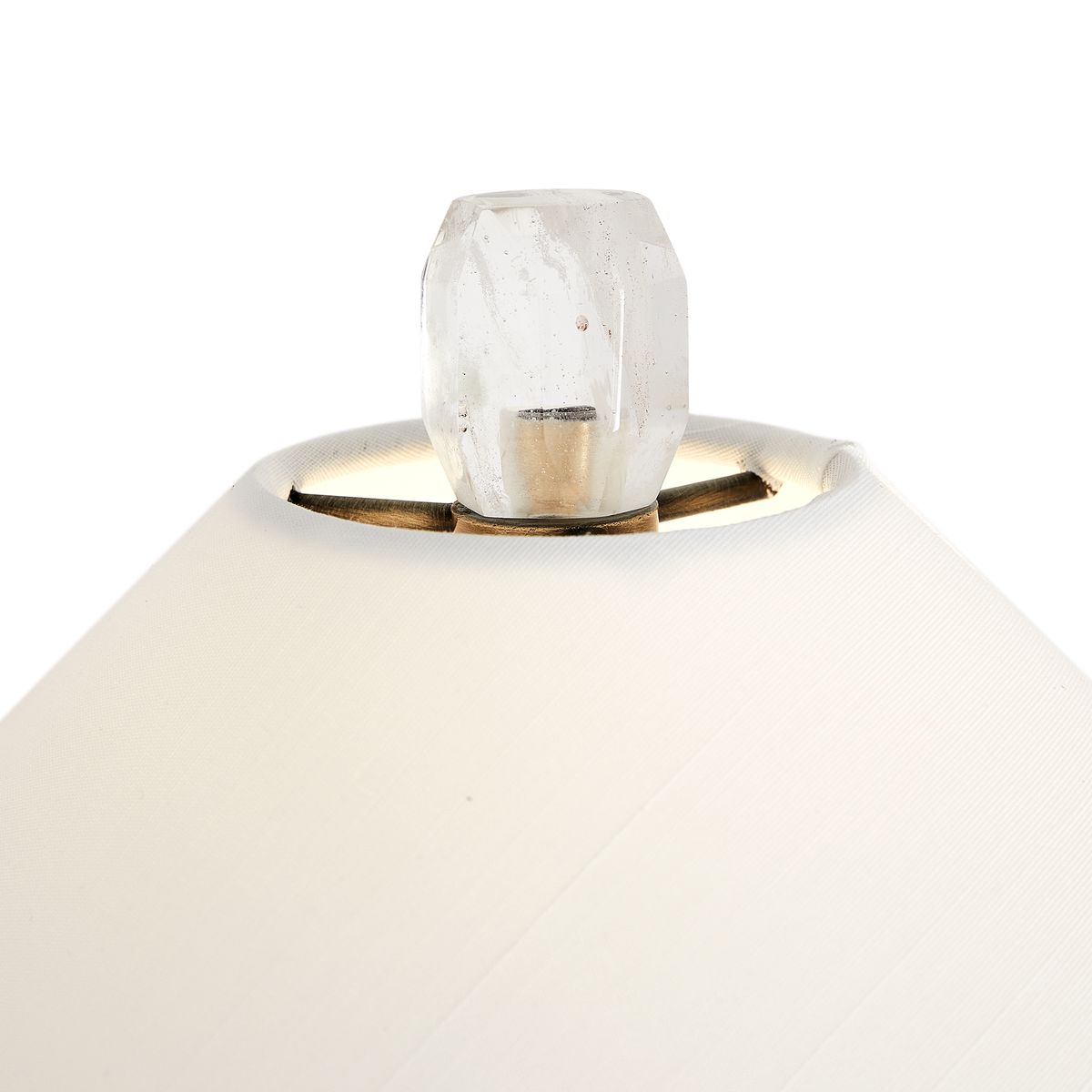 Tall buffet lamp with faceted quartz-inspired brass base and white linen drum shade, ideal for dining rooms, consoles, and sideboards