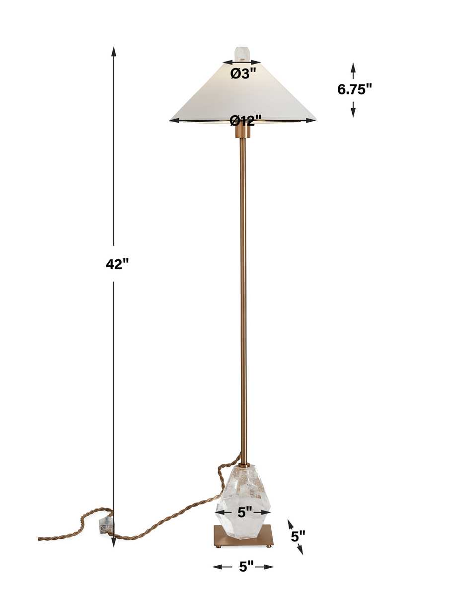 Tall buffet lamp with faceted quartz-inspired brass base and white linen drum shade, ideal for dining rooms, consoles, and sideboards