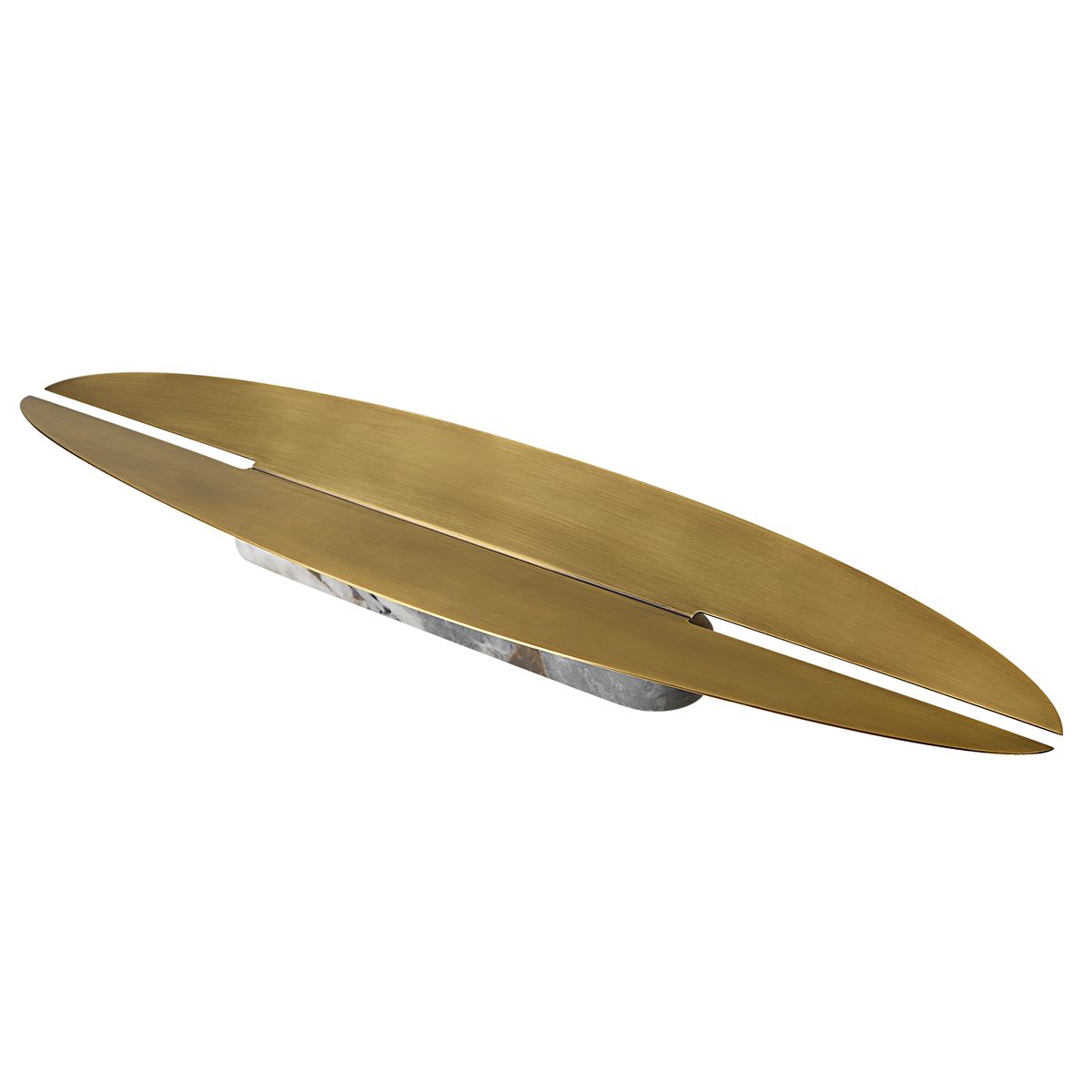 Linea Arc Vessel with matte brass top and honed marble base, styled as a sculptural centerpiece on a modern console.