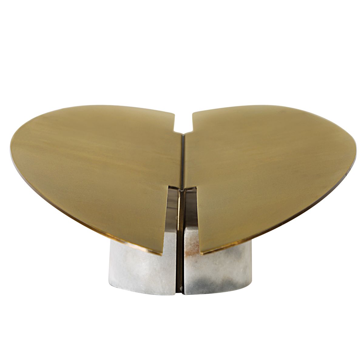 Linea Arc Vessel with matte brass top and honed marble base, styled as a sculptural centerpiece on a modern console.