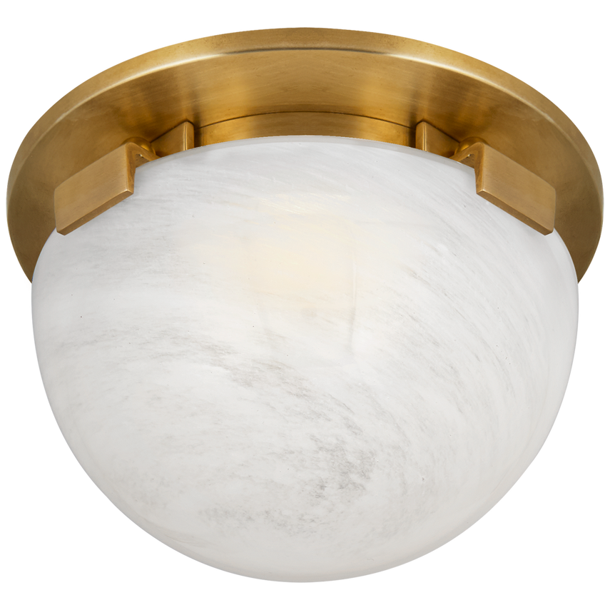 Minimalist white strié glass flush mount with rounded globe silhouette and warm LED glow, ideal for hallways, bathrooms, and small spaces.