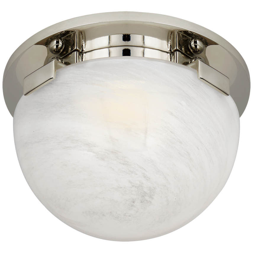 Minimalist white strié glass flush mount with rounded globe silhouette and warm LED glow, ideal for hallways, bathrooms, and small spaces.