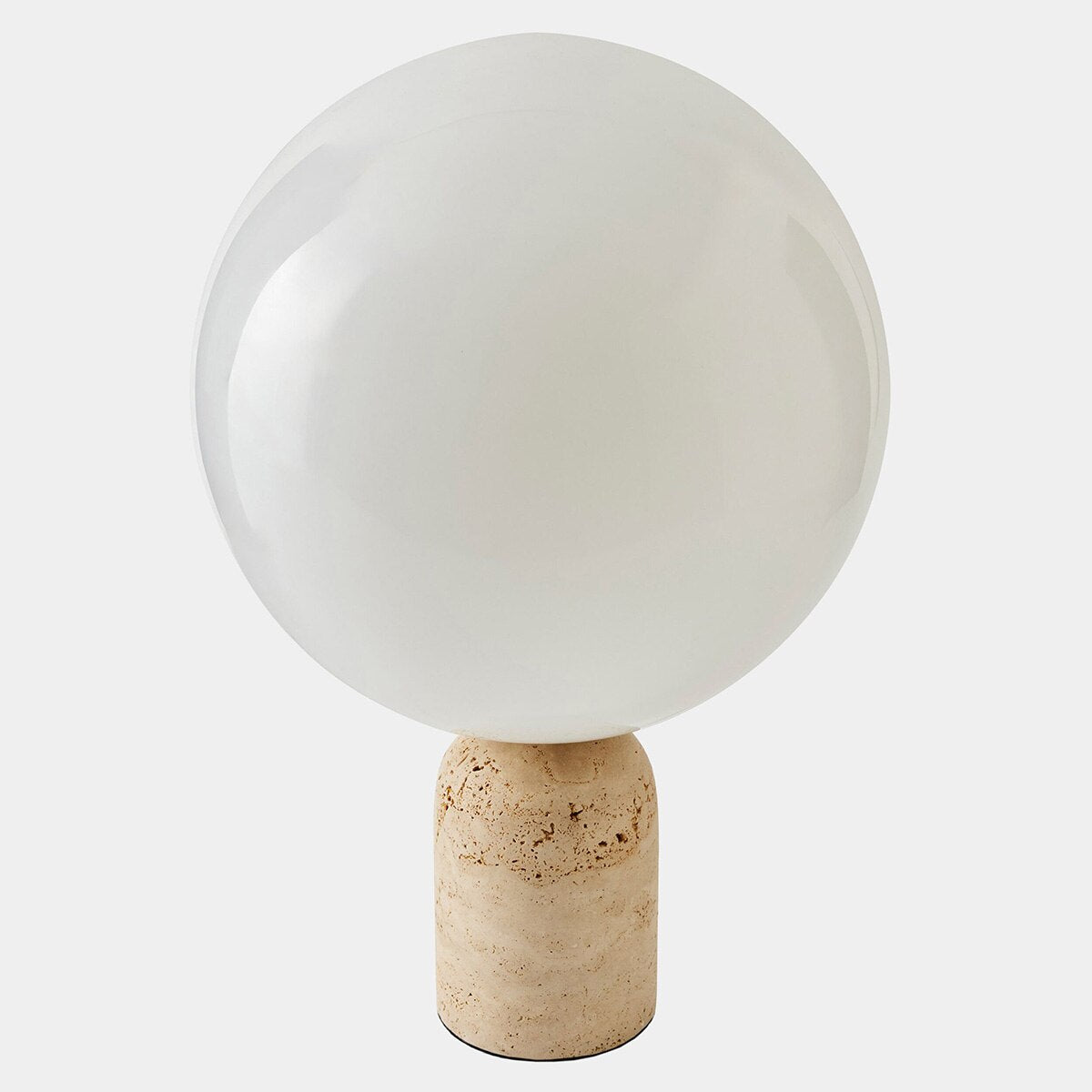 Luna Travertine Table Lamp detail — travertine base and brass-plated accents, by Rachel Blindauer