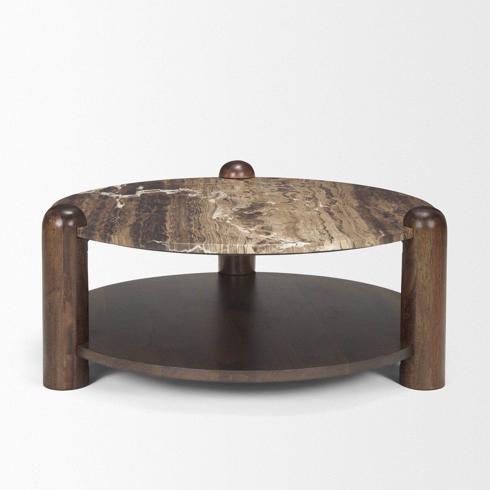 Mercana ME-71122-AB Jovia Round Brown Mango Wood Coffee Table with Cappuccino Marble