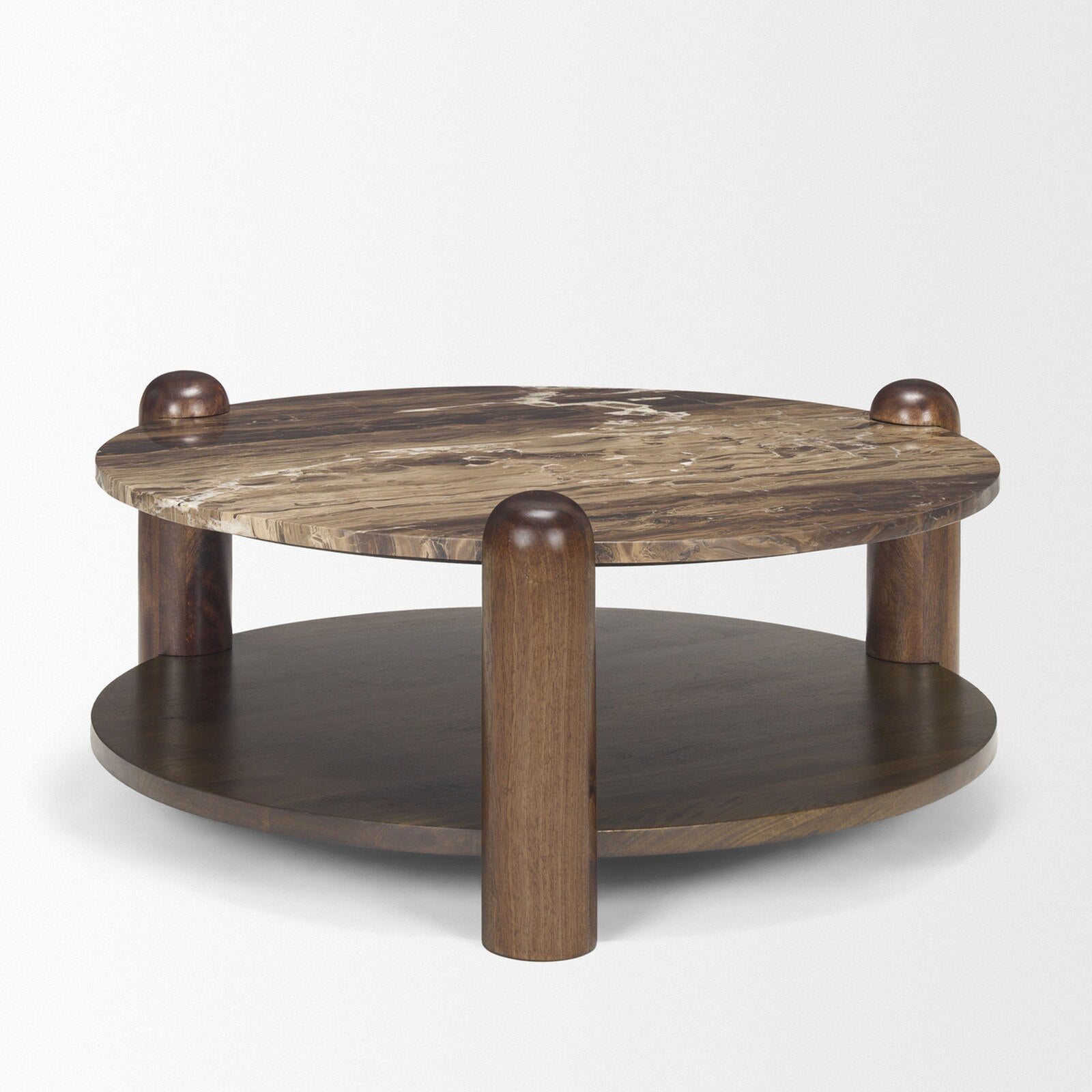 Mercana ME-71122-AB Jovia Round Brown Mango Wood Coffee Table with Cappuccino Marble