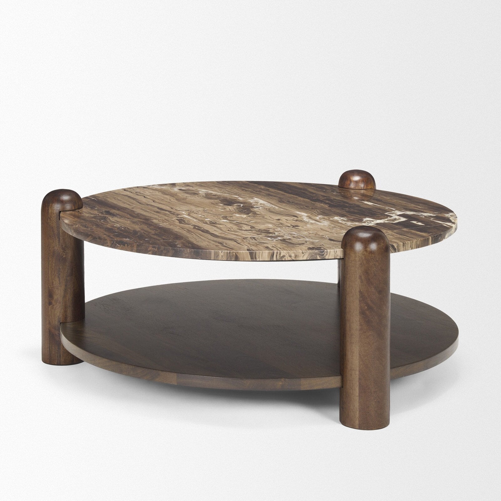 Mercana ME-71122-AB Jovia Round Brown Mango Wood Coffee Table with Cappuccino Marble