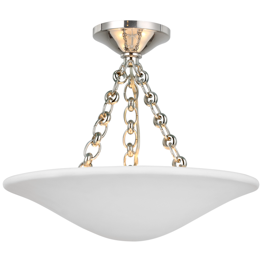Sculptural white plaster dome ceiling light with jewelry-inspired chain and soft matte texture, ideal for hallways, foyers, or powder rooms.