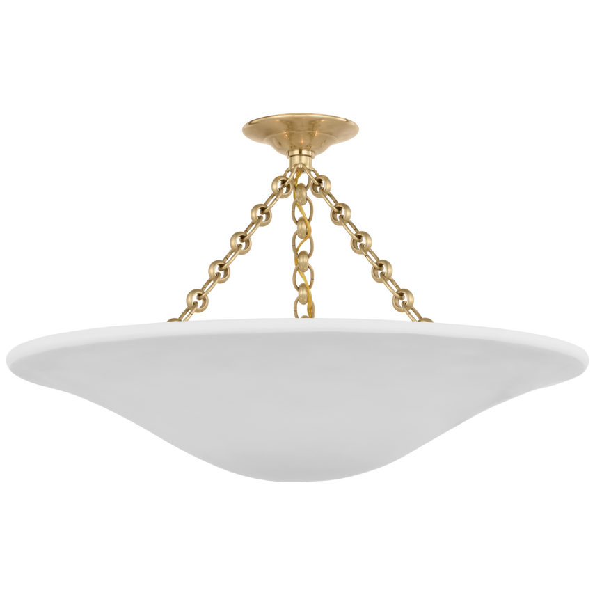 Large sculptural semi-flush ceiling light in aged iron with origami-inspired panels and candelabra bulbs, ideal for bedrooms or foyers.