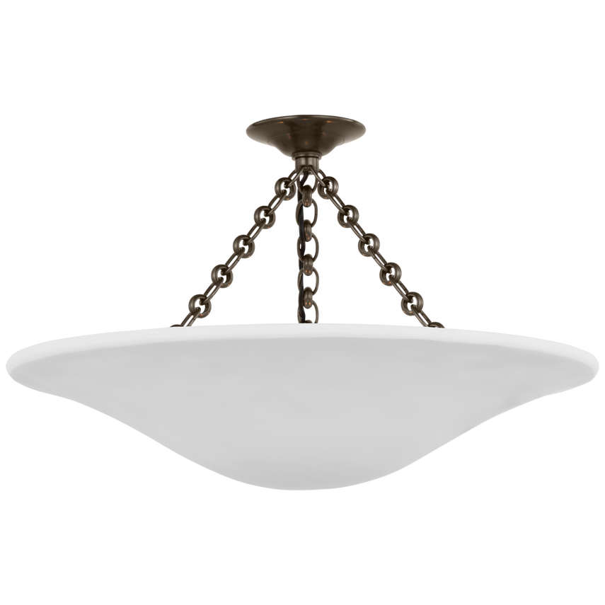 Large sculptural semi-flush ceiling light in aged iron with origami-inspired panels and candelabra bulbs, ideal for bedrooms or foyers.