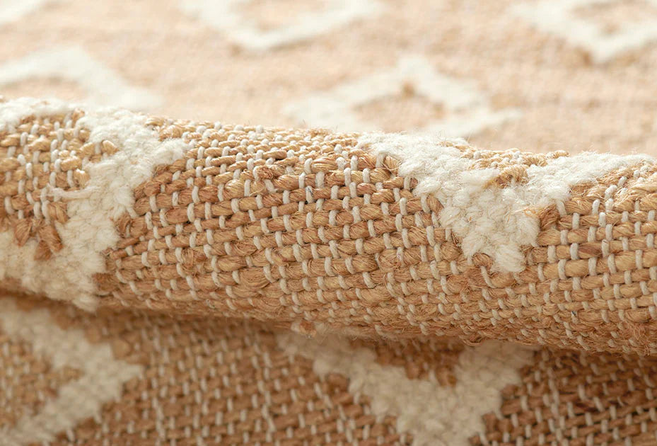 Marigold Handwoven Blockprint Flatweave Rug — macro close-up of handwoven jute and wool fiber texture showing weave construction, one of Rachel Blindauer's favorites