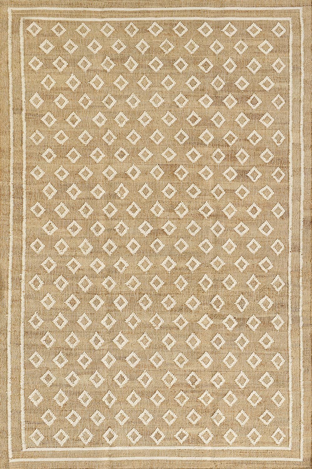 Marigold Handwoven Blockprint Flatweave Rug — flat lay of natural jute-wool blend rug with allover diamond blockprint pattern and border, one of Rachel Blindauer's favorites