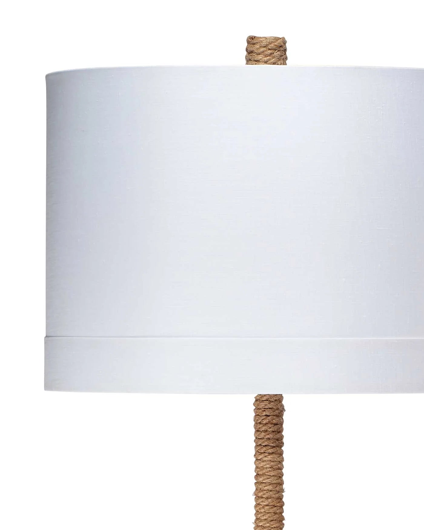 Tall rope-wrapped floor lamp with sculptural knot, clear acrylic base, and white linen shade—perfect for coastal-inspired interiors.