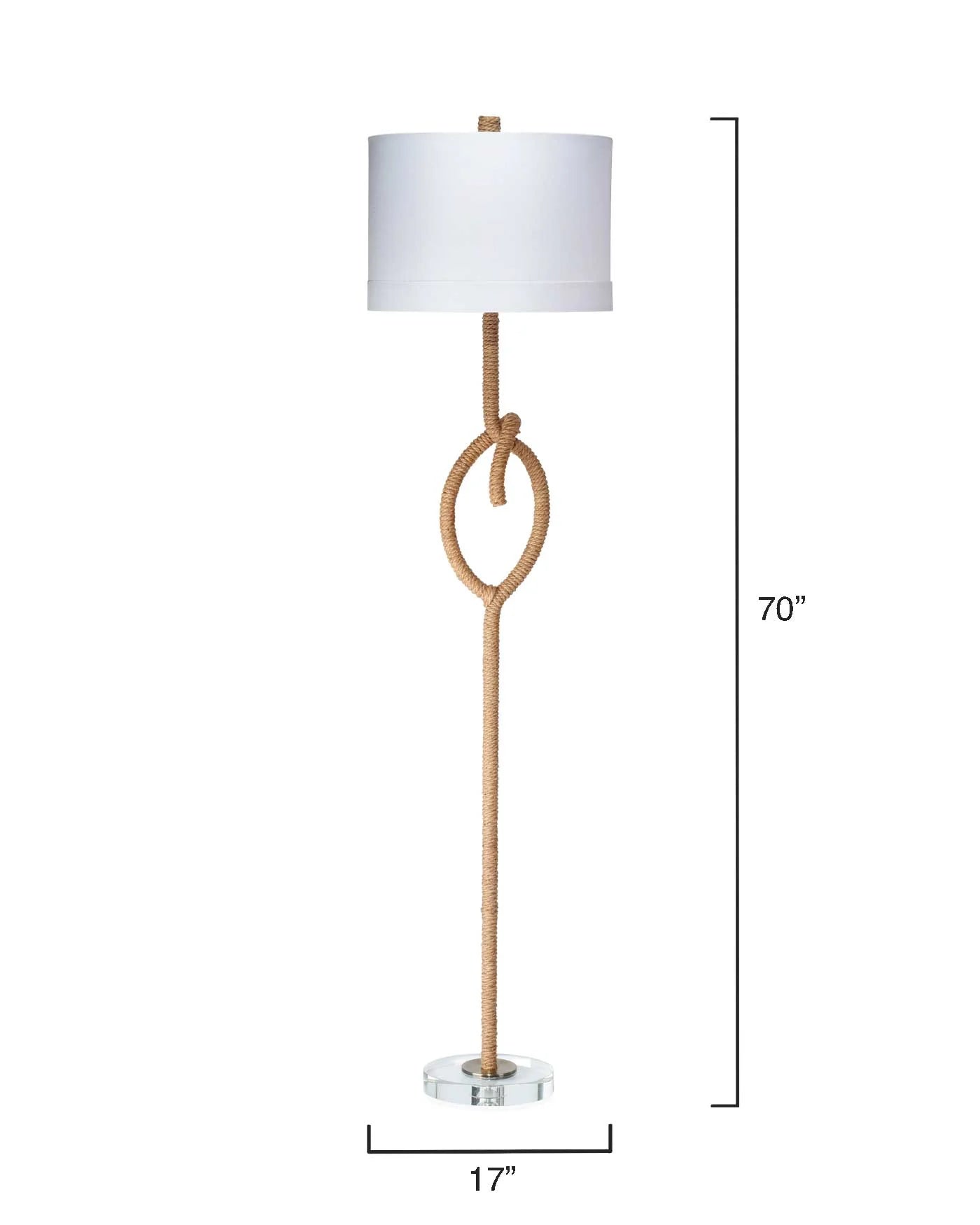 Tall rope-wrapped floor lamp with sculptural knot, clear acrylic base, and white linen shade—perfect for coastal-inspired interiors.